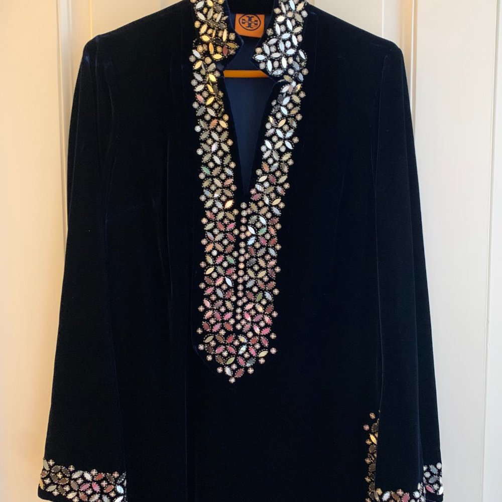 Tory Burch Navy Blue Velvet Embellished Tunic US 6